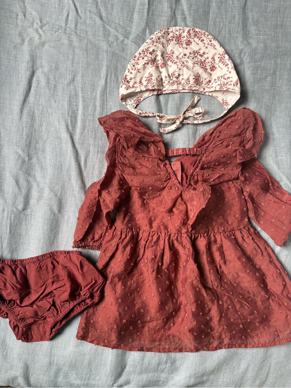 Girls Rust Red Ruffled Dress Set with Floral Bonnet